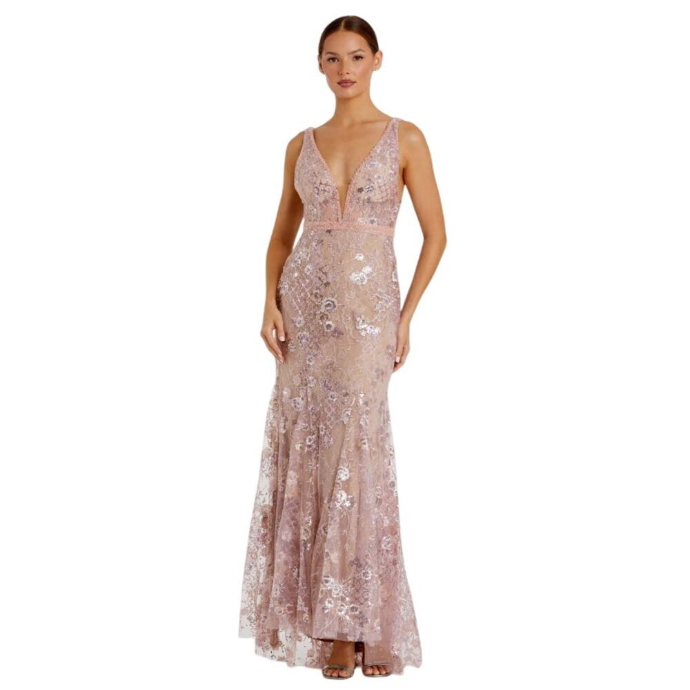 NWT Mac Duggal Floral Embellished Sleeveless Plunge Gown, Rase Pink, 8, 698$